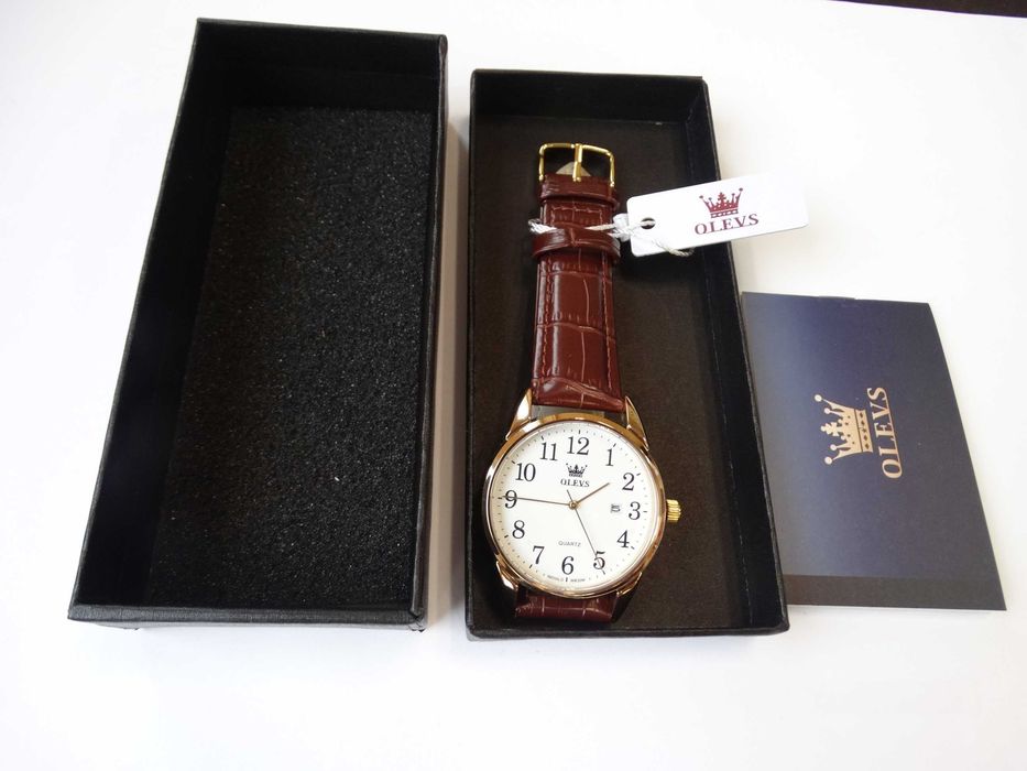 Klasyczny zegarek kwarcowy Olevs 39mm złoty biała tarcza pasek brązowy