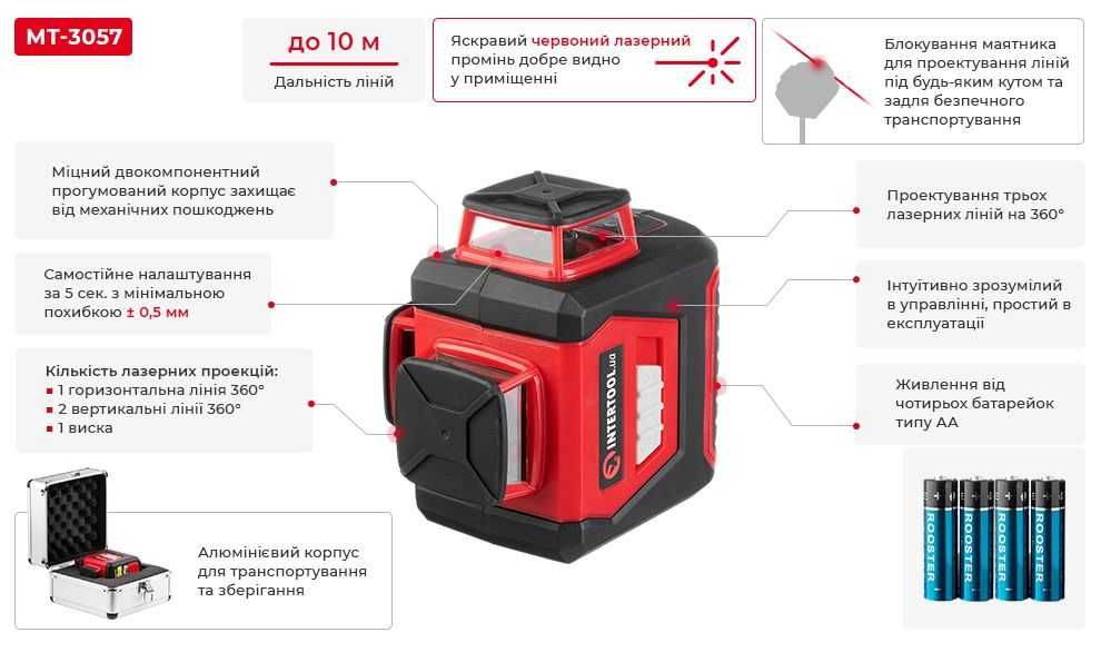 Рівень лазерний, 360°, 3 лазерні головки INTERTOOL MT-3057