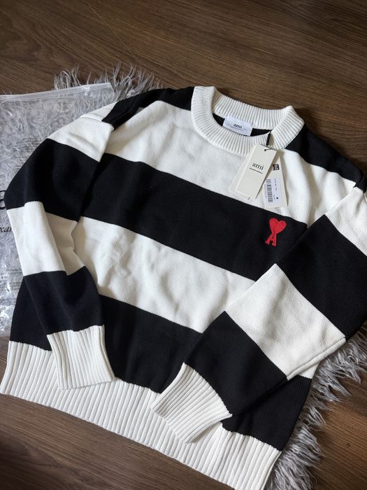 AMI Paris Sweter Paski Czarny Biały Heart Logo M Nowy z Metką