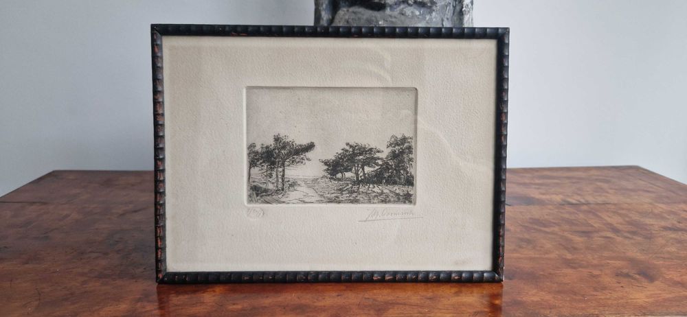 Litografia akwaforta pezjaż z drzewami aukcyjna sygnowana limitowana