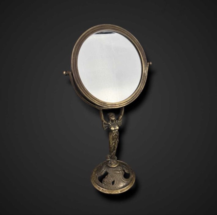 Antyczne mosiężne lustro lusterko stołowe toaletkowe secesja Art Nouveau kobieta mosiądz B61/043015