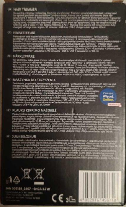 SILVERCREST SHCA 3,7 A1, aku trymer/maszynka do włosów i brody