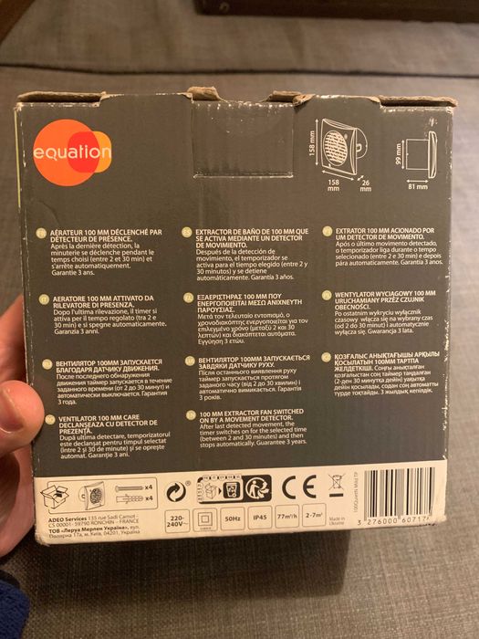 Ventilador branco novo Equation 100 mm wc