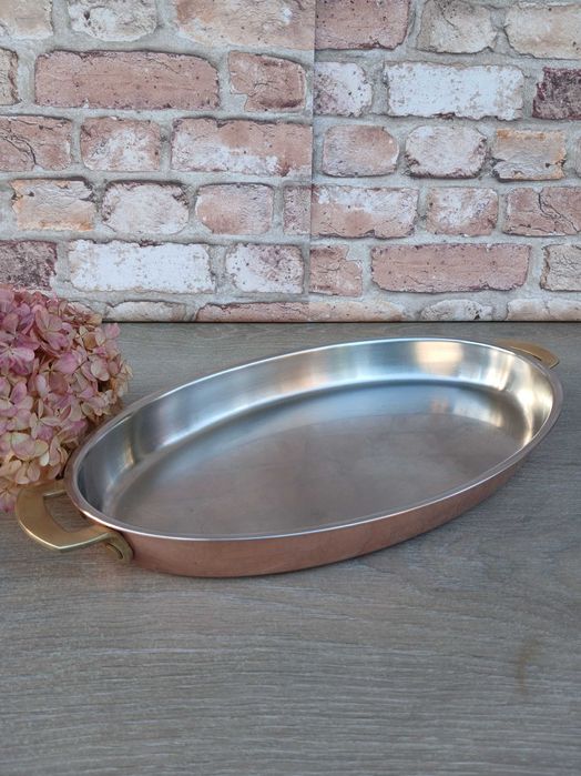Duża miedziana patelnia do serwowania grube dno - sygnowana