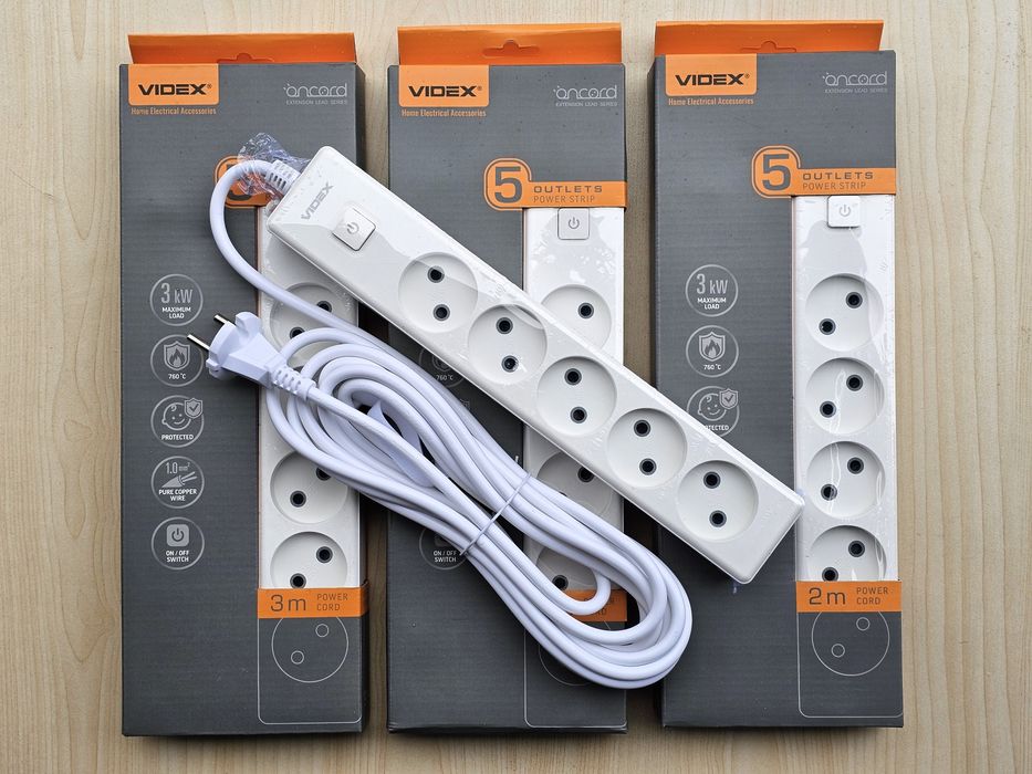 VIDEX ONCORD якісний мережевий подовжувач 5 розеток, з кнопкою; 2,3,5м