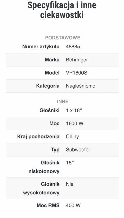 Behringer VP1800S Subwoofer głośnik pasywny
