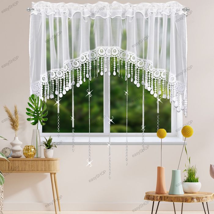 Firana 140x300 z gipiurą i wiszącymi kryształkami