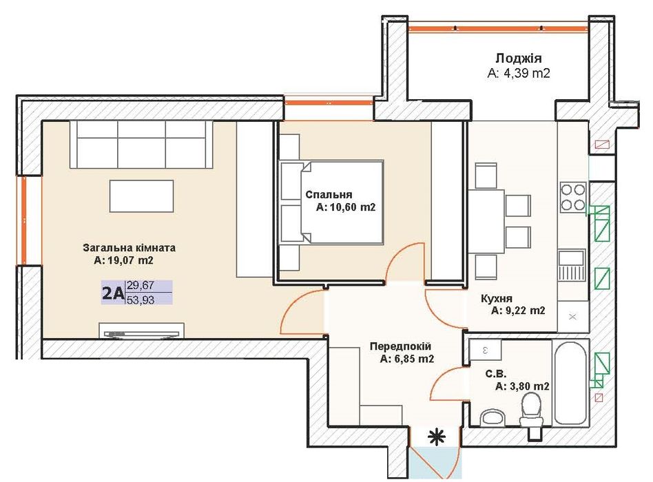 Двухкомнатная в новострое с жилыми тарифами