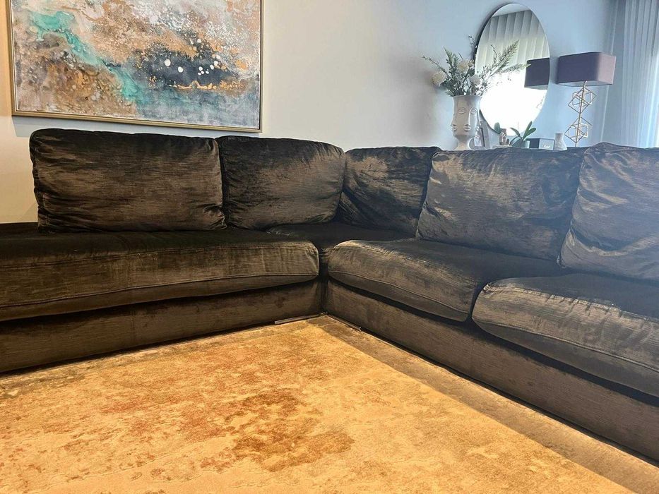 Sofá em Veludo Cinzento com Chaise Longue - Muito Bom Estado