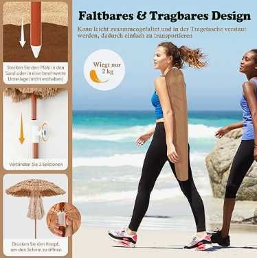 Hawajski Parasol Słomkowy COSTWAY UV 155cm Regulowany + Torba