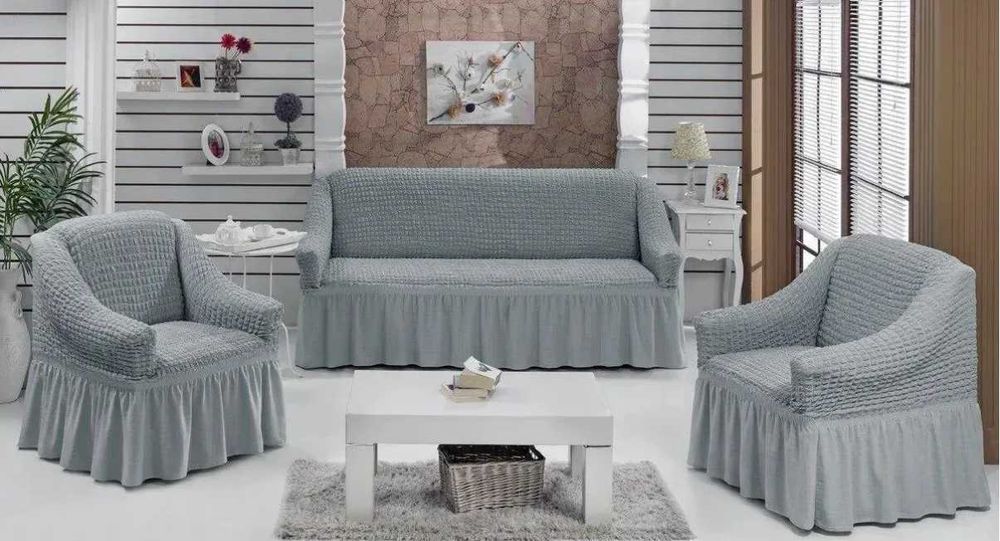 Чохли на диван і крісла універсальні з оборкою жатка Сірий