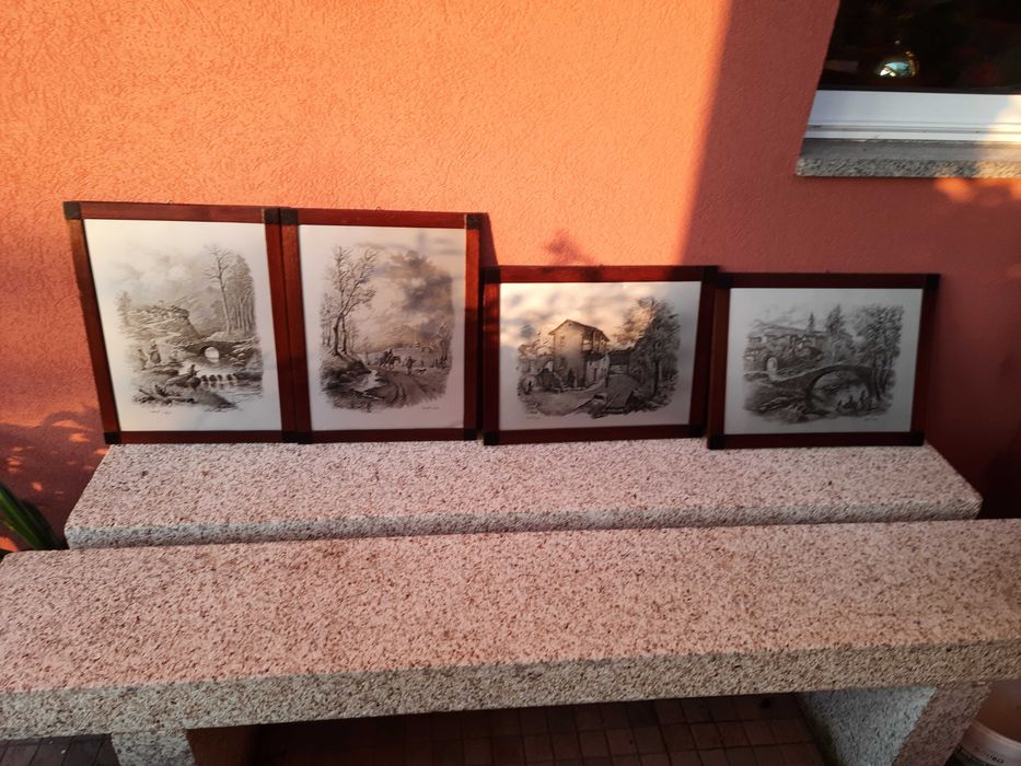 4 quadros em folha de prata com motivos campestres,bonitos decorativos