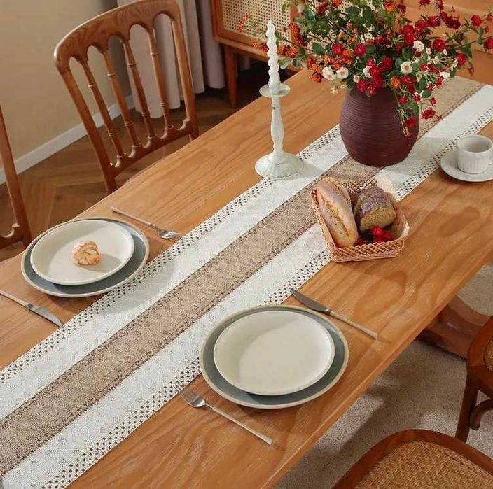 Bieżnik boho, 180x30, obrus w paski z frędzlami – bawełna i len