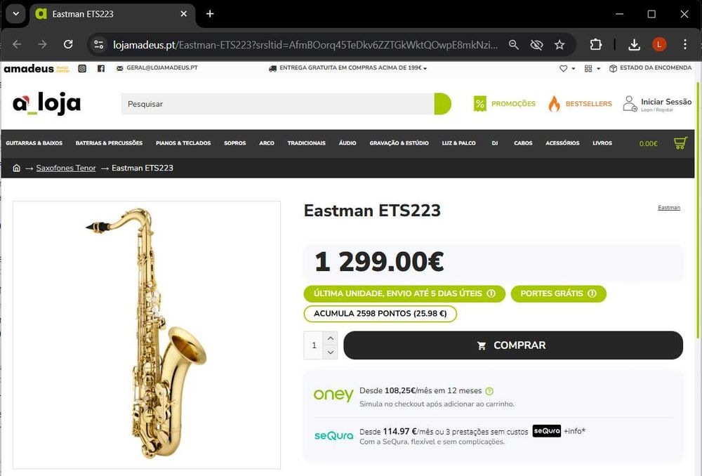 Saxofone Tenor NOVO Eastman ETS223