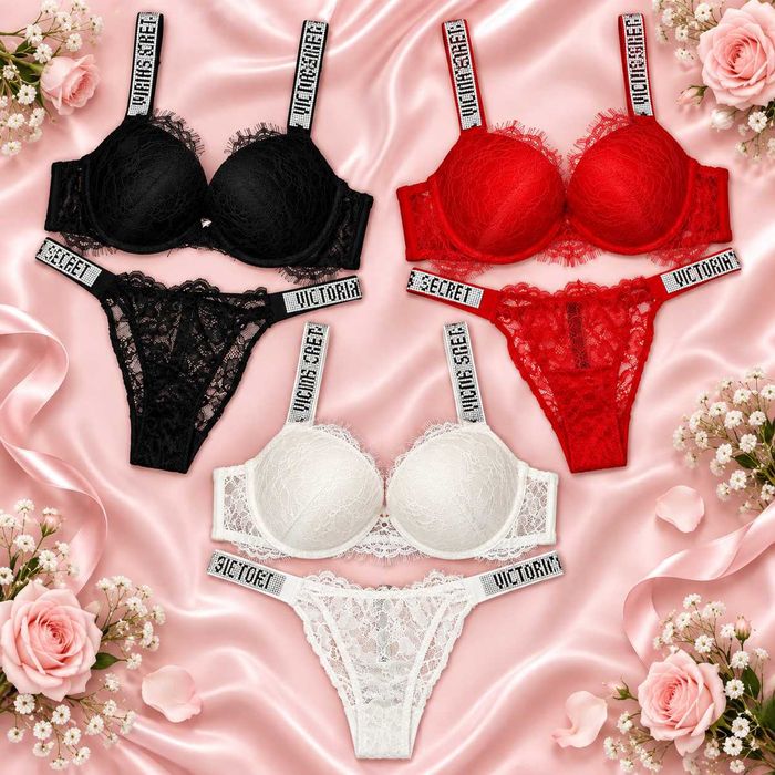 Комплект жіночої мереживної білизни Victoria’s Secret push-up стрази 75B–85C Вікторія Сікрет