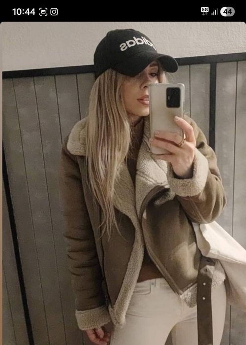 Kożuszek ramoneska kurtka beżowy z klamrami Zara XS