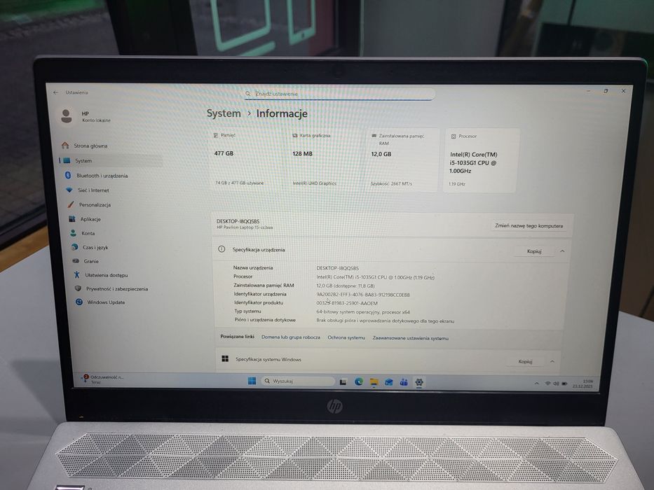 Laptop HP 15-cs3000nw i5-1035G1 12Gb Ssd 500Gb Windows 11