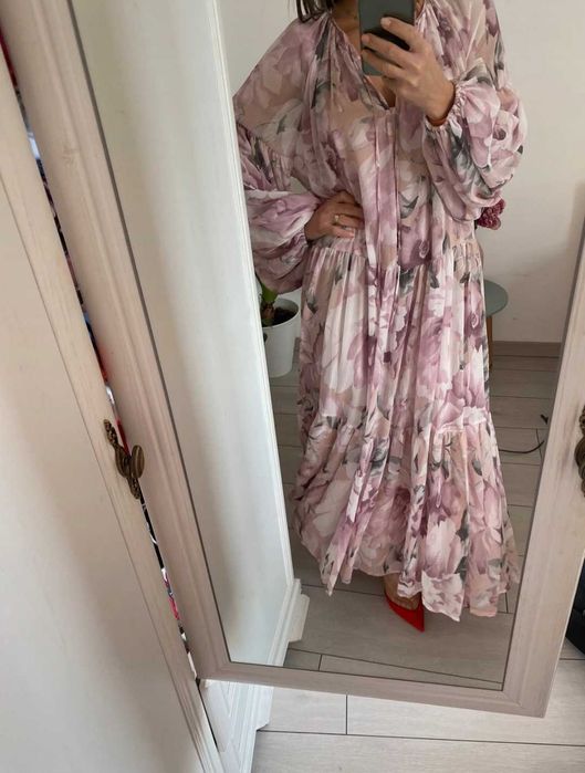 H&M długa maxi luźna oversize sukienka w kwiaty róż Boho XL/XXL