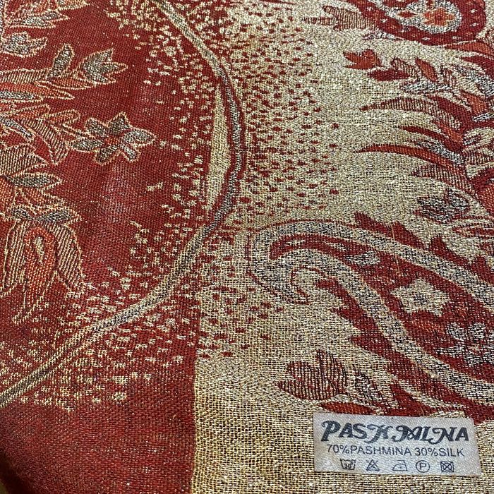 Elegancki szal bordowo-złoty z pashminy i jedwabiu