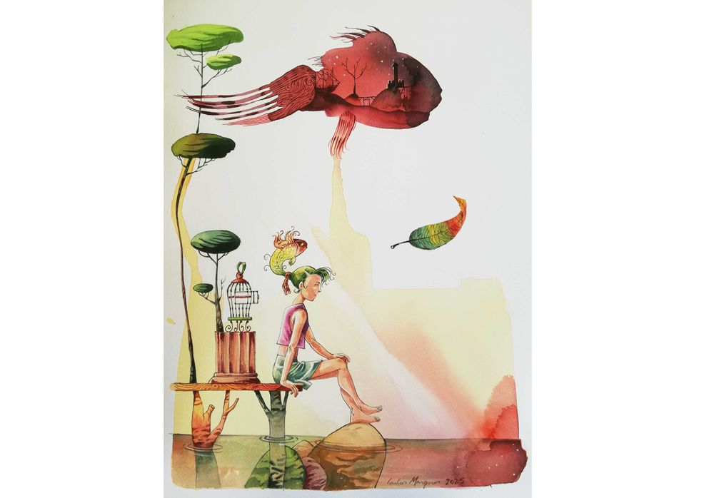 Aguarela original de Carlos Marques. Liberdade Serena. Fantasia,