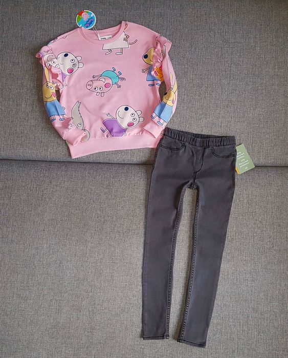 H&M - szare jeansy + bluza świnka Peppa roz. 116 cm - Nowe