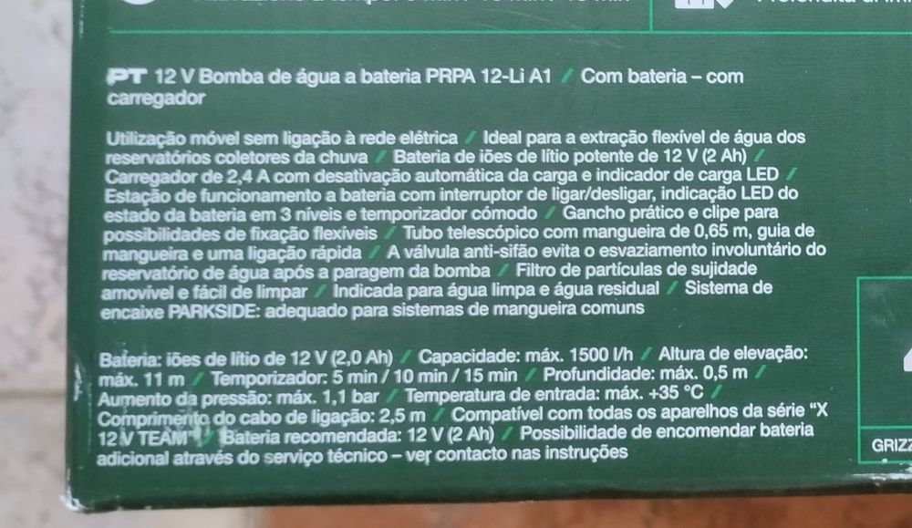 Bomba de água a bateria 12v Parkside