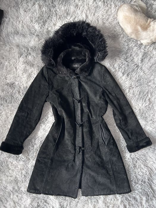 Gruby ocieplany długi plaszcz SAKI zimowy skórzany skórs naturalna