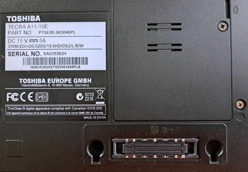 TOSHIBA Tecra A11-19E 15,6", i3 M370 2,4GHz, 4GB, 320GB, Win 7 Prof