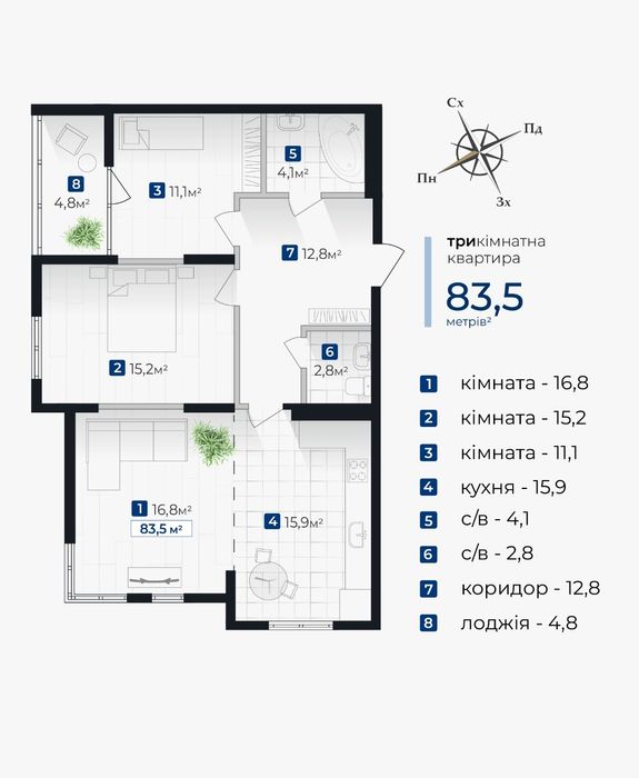 Продається ТРИКІМНАТНА квартира по вул. Хоткевича в новому ЖК закритог