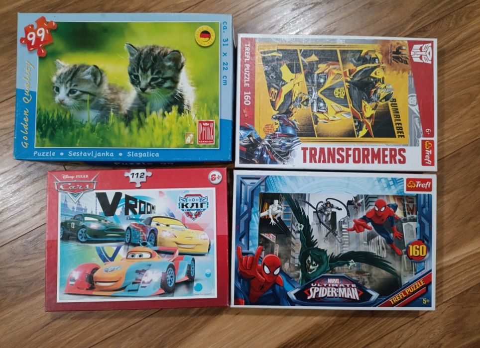Puzzle 4 sztuki Spider men, Transformers, autka, kotki