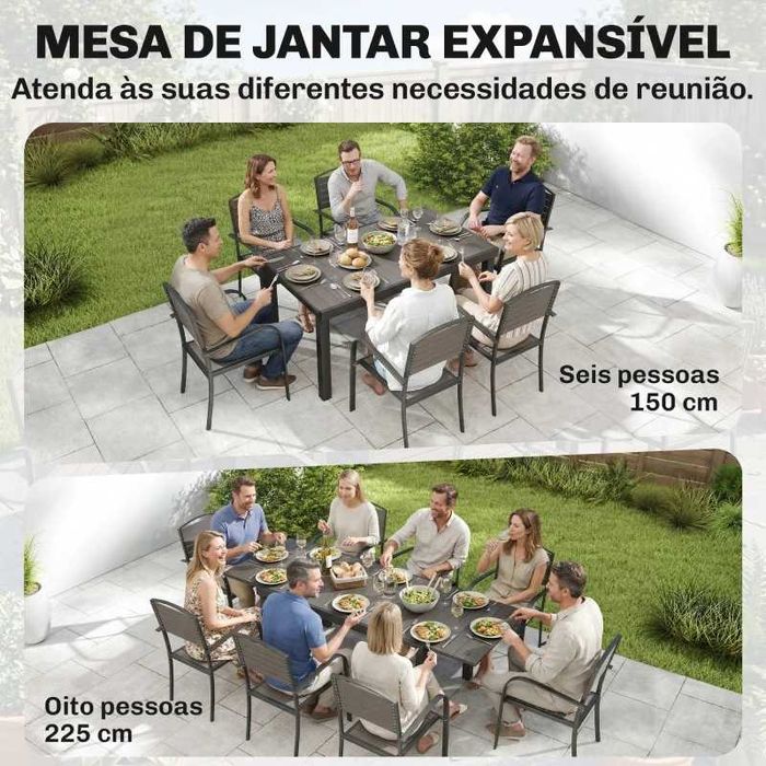 Mesa e 8 Cadeiras de Jardim com Mesa Extensível Estrutura de Alumínio