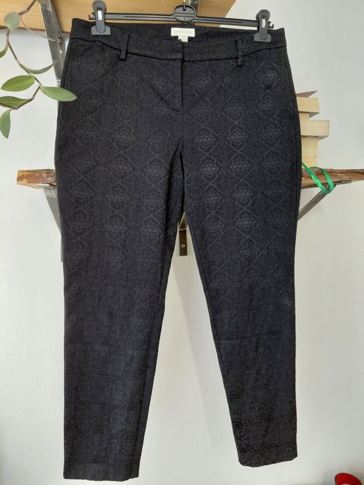 Czarne spodnie cygaretki Monsoon 2XL faktura wzór chinosy bawełna Old money klasyka