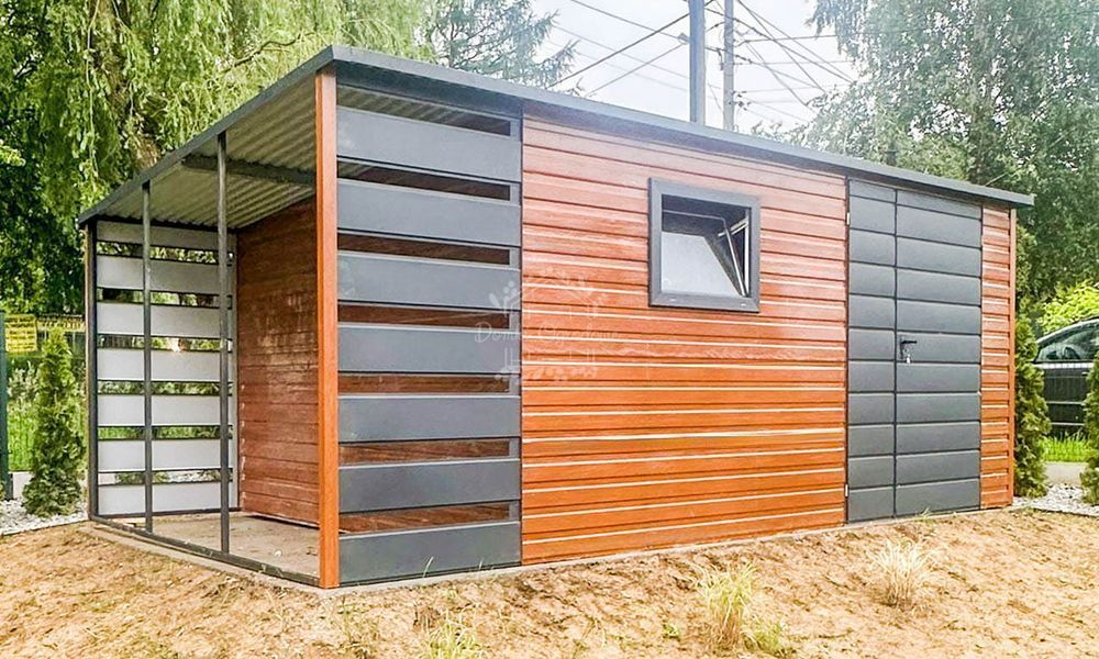 Schowek Domek Ogrodowy 4x2,5m + wiata 1m  Drewnopodobny Antracyt ID618