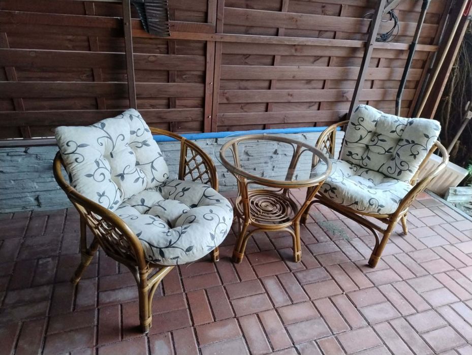 Zestaw komplet mebli rattan wiklina: 2 fotele +stolik szklany +poduchy