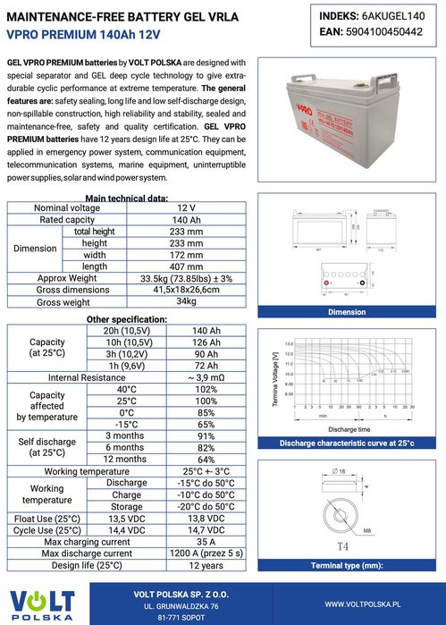 Акумулятор для ДБЖ/інвертора Volt Polska 12V 140Ah GEL VPRO PREMIUM