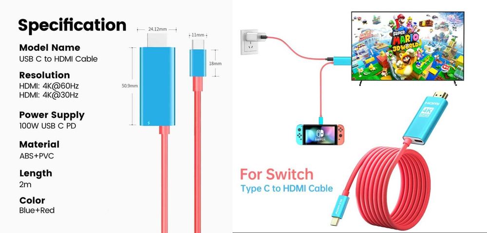 Кабель конвертор до Nintendo Switch / OLED c USB Type C to 4K HDMI