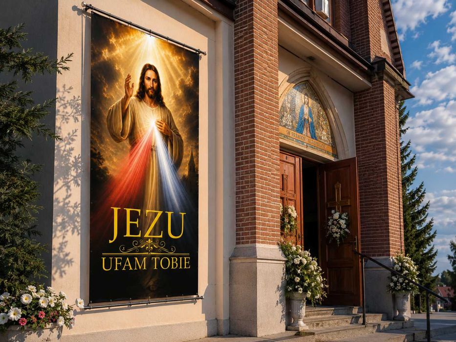 Baner Boże Ciało 150x100 cm - Jezus Miłosierny „Jezu Ufam Tobie”