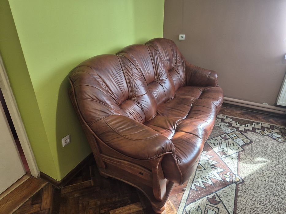 Komplet wypoczynkowy 3 2 1, skóra na drewnianym stelarzu