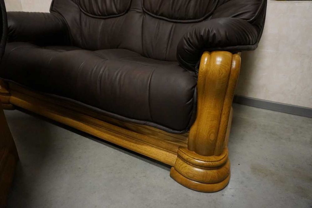 Zestaw na Stelażu Dębowym Skóra Brązowa Naturalna 3+2+1 (w-1118)