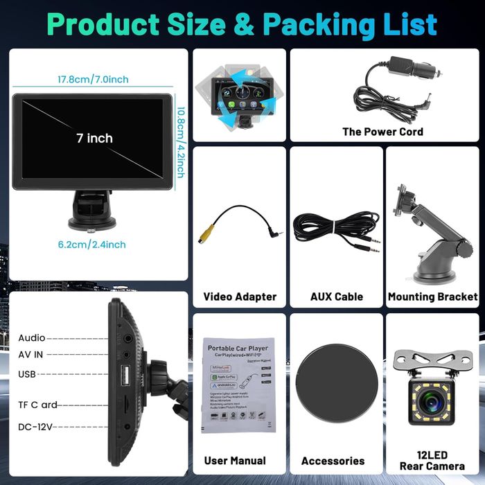 Hikity Bezprzewodowy wyświetlacz CarPlay z kamerą cofania