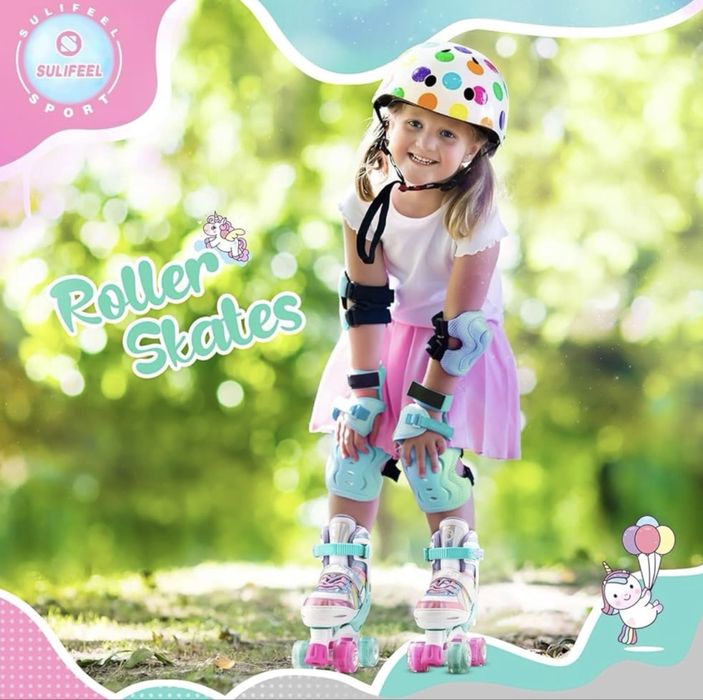 Como novo! Sulifeel Rainbow Unicorn Rodas de Patins com Luzes Ajustáveis para Meninas e Meninos, Tamanho: EU 28-31