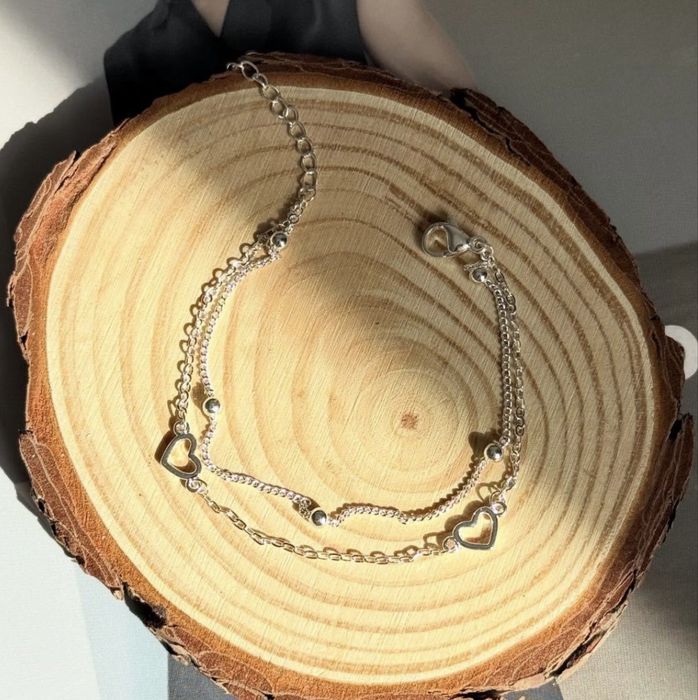 Подвійний срібний браслет з кульками та сердцями 925 проби