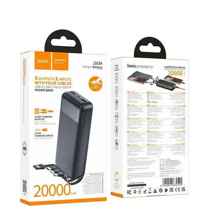 ПавербанкHOCO J163A 20000mAh з вбудованими кабелями  2USB