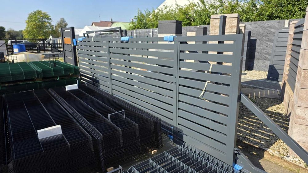 Wyprzedaż! Brama przesuwna prawa palisada 400x140cm 7016 + furtka 7016