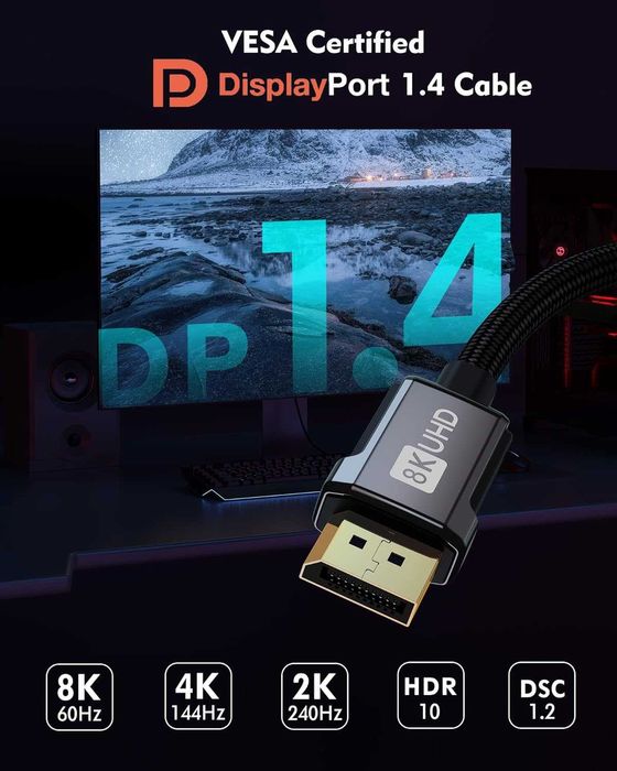 Kabel DISPLAYPORT 1.4 SILKLAND 8K 240Hz 2M do gier oplot POZŁACANY HIT