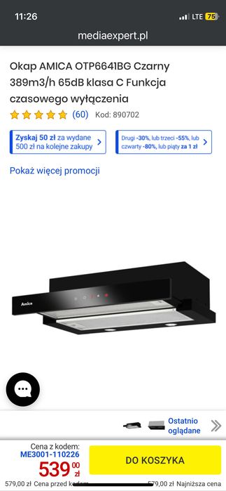 nowy okap kuchenny amica wysuwany podszafkowy