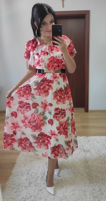 Sukienka MIDI w kwiaty Hiszpanka wesele komunia chrzciny