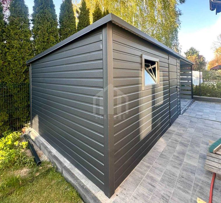 Schowek - Domek ogorodowy 4x3 m + wiata 6x3 m - drzwi - okno - antracyt - spad w tył  SO203
