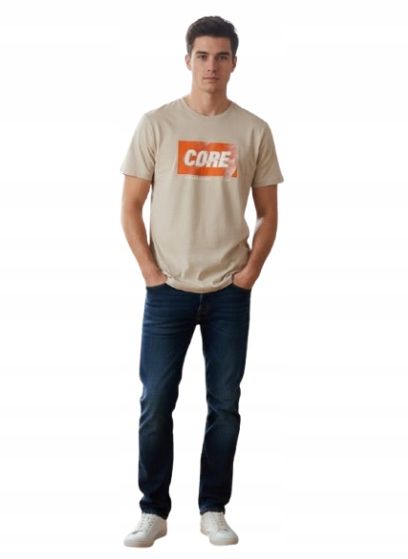 Jack & jones beżowy t-shirt z bawełny z pomarańczowym nadrukiem xl 12fa
