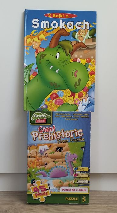 Duże puzzle podłogowe dinozaury Książka Bajki o smokach